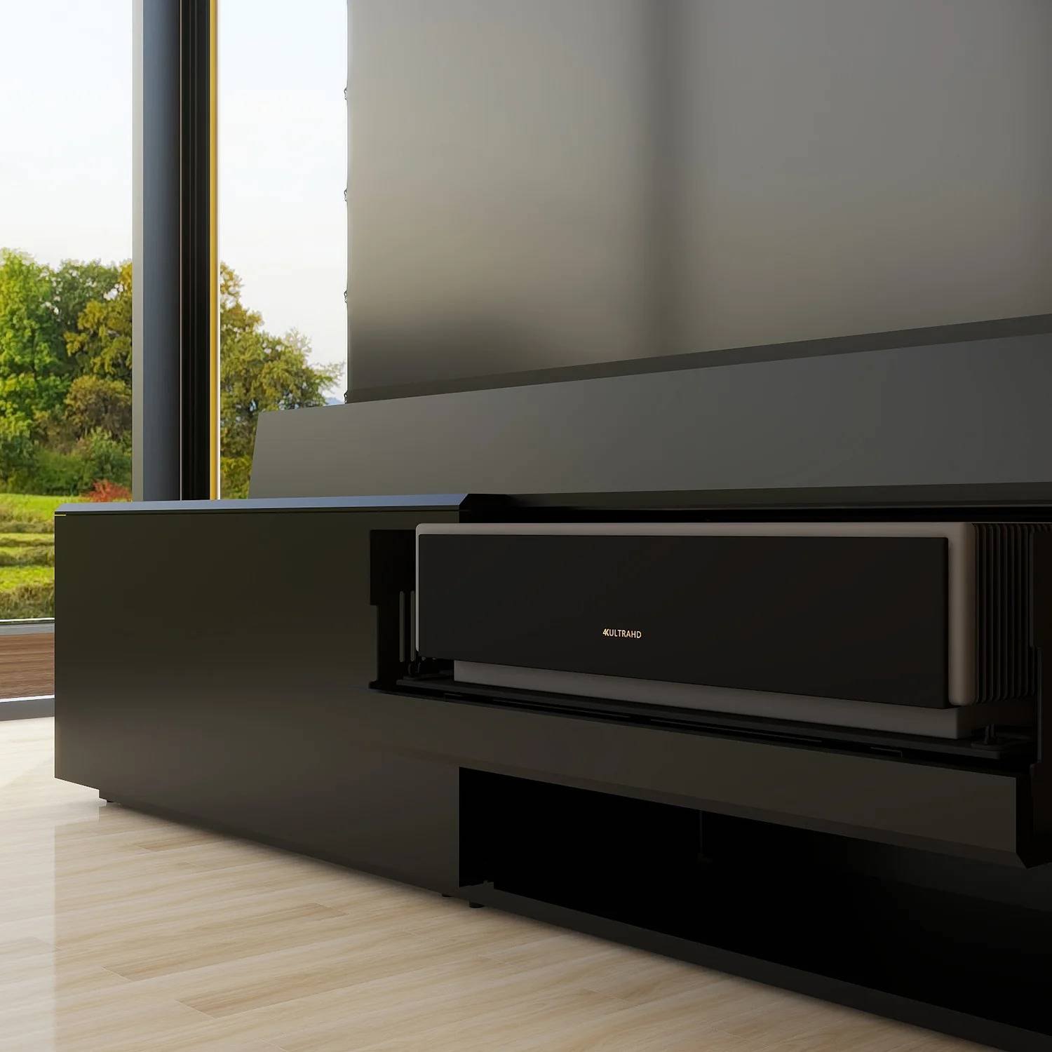 VIVIDSTORM Paris fully concealed motorised laser TV cabinet with projector drawer extended