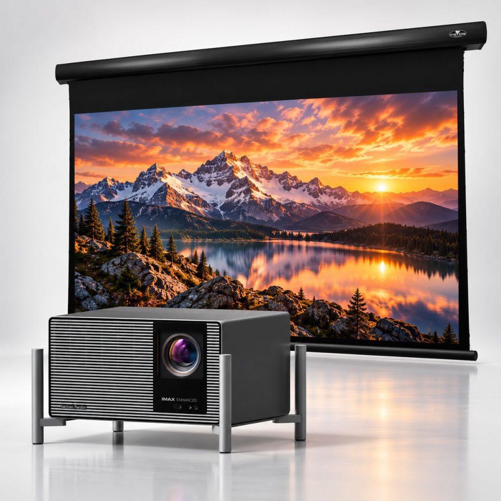 XGIMI TITAN Noir Max 4K RGB Laser Projector + VIVIDSTORM Cinematic White Motorised Drop Down Projector Screen Bundle - Black Casing